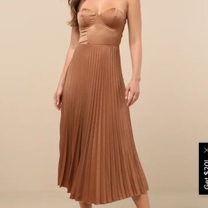 Lulus Irelyn Light Brown Satin Bustier Midi Dress Size s
